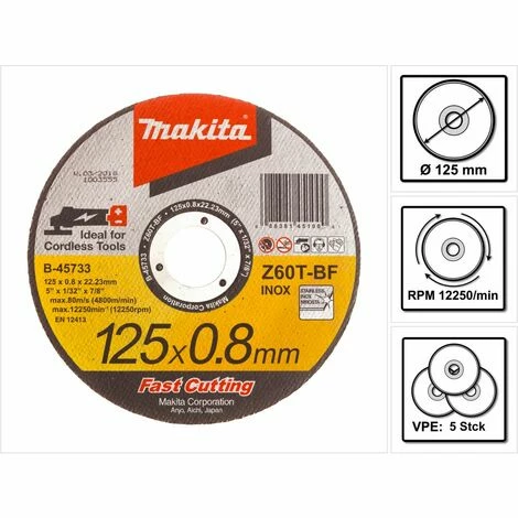 Makita 5x Trennscheibe 125 X 0,8 X 22,23 Mm Für INOX Edelstahl ( 5x B-45733 )