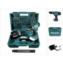 Makita HP 457 DWE 10 Akku Schlagbohrschrauber 18 V 42 Nm G-Serie + 2x Akku 1,5 Ah + Ladegerät + 74 Tlg. Set + TOOLBROTHERS Zollstock