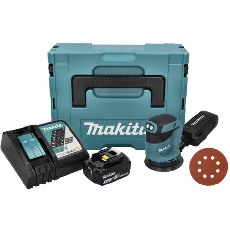 Makita DBO 180 RT1J Akku Exzenterschleifer 18 V 125 Mm + 1x Akku 5,0 Ah + Ladegerät + 50x Schleifpapier K 320 + Makpac – Bild 2